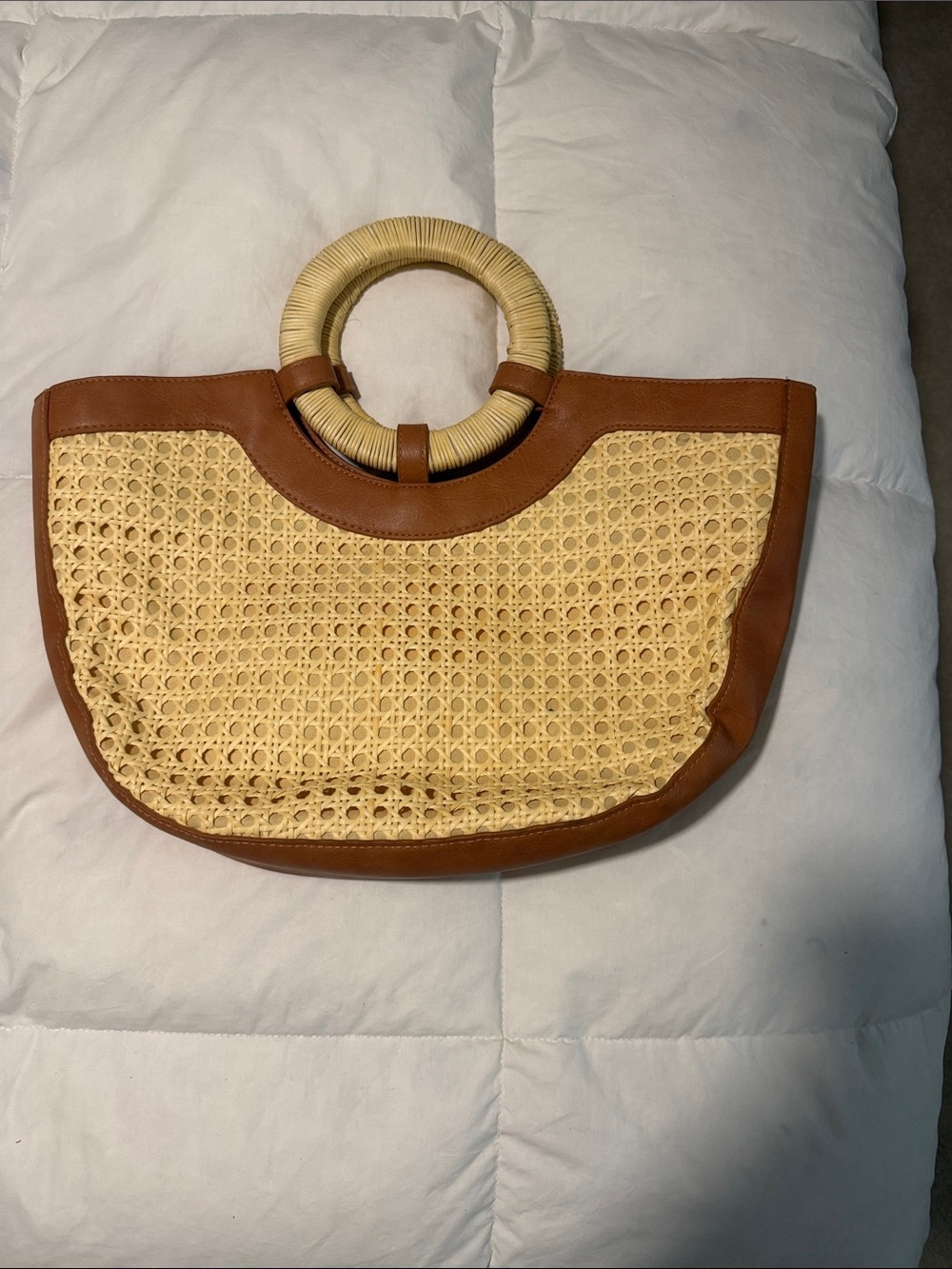 Woven Rattan and Brown Leather Tote Bag with Round Handles
